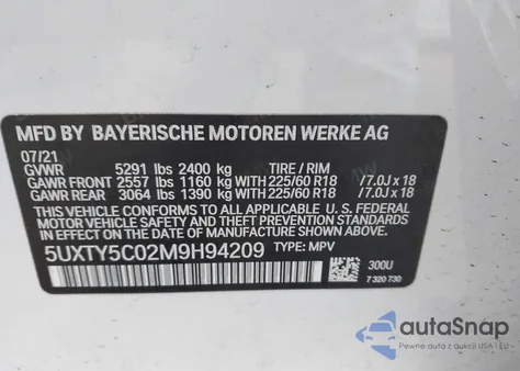 2021 BMW X3 xDrive30I z USA, uszkodzony, nr VIN 5UXTY5C02M9H94209